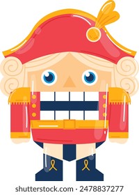 Nutcracker soldier vector illustration wearing red yellow uniform. Toy figure, blue eyes curly white hair illustration. Vintage wooden nutcracker vector standing. Soldier isolated