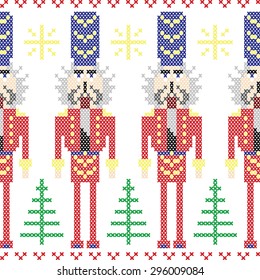 Nutcracker soldiers seamless horizontal Christmas Nordic pattern, border, in cross stitch, embroidery.
