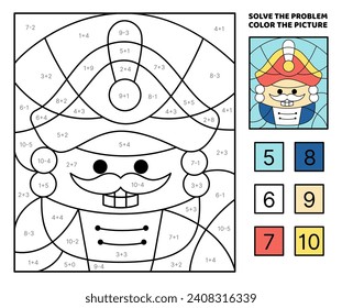 Nutcracker. Solve the problem, color the picture. Addition, Subtraction. Coloring book. Coloring book. Kawaii, cartoon, vector. Isolated vector illust
