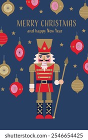 Nutcracker with Spear Illustration. Merry Christmas greeting card. Christmas Toy Illustration. Holiday Decoration. 