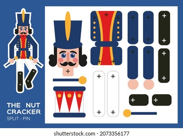 Nutcracker Split-Pin Paper Cut Game. Christmas craft activity for kids. Enjoy fine motor skills. New Year making puppet shows and poses. DIY Soldier. Worksheets for kids.