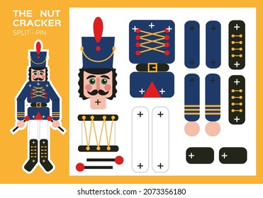 Nutcracker Split-Pin Paper Cut Game. Christmas craft activity for kids. Enjoy fine motor skills. New Year making puppet shows and poses. DIY Soldier. Worksheets for kids.
