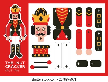 Nutcracker Split-Pin Paper Cut Game. Christmas craft activity for kids. Enjoy fine motor skills. New Year making puppet shows and poses. DIY Soldier. Worksheets for kids.