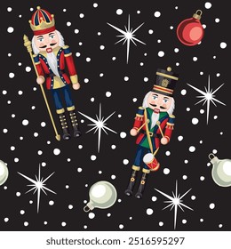 Nutcracker, stars and red ball seamless pattern. Merry Christmas, New Year wallpaper.	