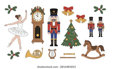 Nutcracker themed holiday decor featuring a ballerina toy soldier clock rocking horse and Christmas tree.