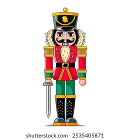 Nutcracker toy for Christmas and New Year. Flat vector illustration on white background in linear style