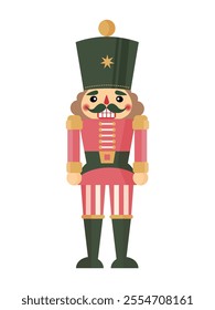 Nutcracker toy flat illustration in pink and green color palette isolated on white wallpaper. Festive decor for poster, card, banner