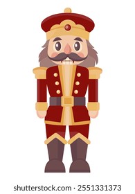 Nutcracker toy flat illustration in red and yellow color palette isolated on white background. Festive decor for poster, card, banner