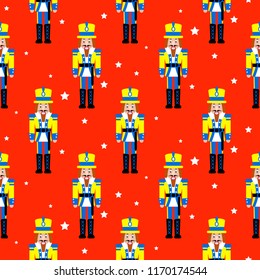 Nutcracker toy red xmas seamless vector pattern. Gift wrap paper design. Christmas ballet toy soldier.