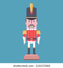 Nutcracker vector cartoon character toy soldier isolated on blue background.