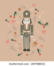 Ilustración vectorial Nutcracker. Soldadoras de Navidad. Ilustración de Año Nuevo de un soldado en torno a decoraciones festivas. Arcos, estrellas, copos de nieve, mistletoe, árbol, ilustración vectorial plana.