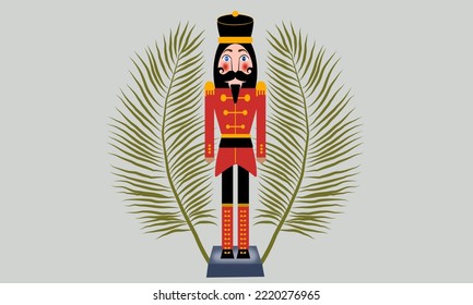 Nutcracker vector illustration, grey background, green branches and leaves, gift, holiday, invitation pattern