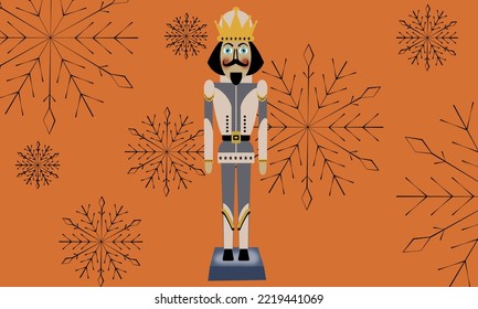 Nutcracker Vector Illustration, Orange bacground, snowflakes, new year present, gift