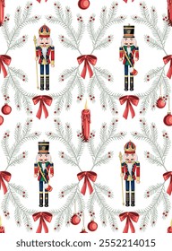 Nutcracker, white fir branch, red Christmas ball, candle seamless pattern. Merry Christmas, New Year wallpaper.	