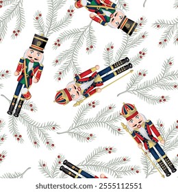 Nutcracker, white fir branch seamless pattern. Merry Christmas, New Year wallpaper.	