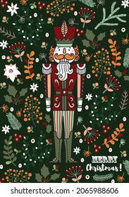 Nutcracker and winter floral. Cute Christmas vector card.