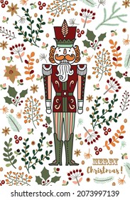 Nutcracker and winter floral. Cute Christmas vector card.