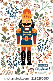 Nutcracker and winter floral. Cute Christmas vector card.