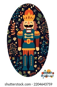 Nutcracker y floral de invierno. Cuta tarjeta vectorial de Navidad.