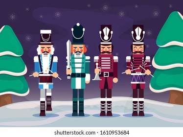 Nutcrackers and pine trees design, Merry chritmas winter season decoration card invitation celebration and holiday theme Vector illustration