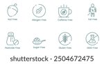 Nut-Free, Allergen-Free, Caffeine-Free, Fat-Free, Pesticides-Free, Sugar-Free, Gluten-Free, and GMO-Free Vector Illustration Icon Set