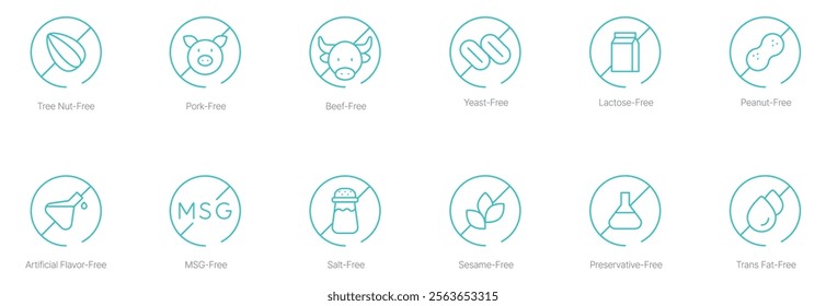 Nut-Free, Pork-Free, Beef-Free, Yeast-Free, Lactose-Free, Peanut-Free, Artificial Flavor-Free, MSG-Free, Salt-Free, Sesame-Free, Preservatives-Free, and Trans Fat-Free Vector Icon Set 