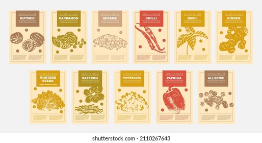 Nutmeg, cardamon, sesame, chilli, basil, ginger, mustard seeds, saffron, peppercorn, paprika, allspice. Set of posters of spices and herbs for food preparing and culinary in a abstract design