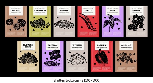 Nutmeg, cardamon, sesame, chilli, basil, ginger, mustard seeds, saffron, peppercorn, paprika, allspice. Set of posters of spices and herbs for food preparing and culinary in a abstract design