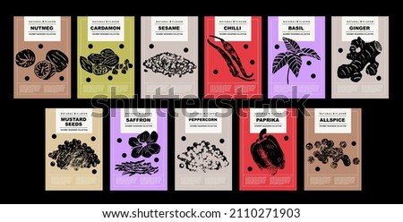 Nutmeg, cardamon, sesame, chilli, basil, ginger, mustard seeds, saffron, peppercorn, paprika, allspice. Set of posters of spices and herbs for food preparing and culinary in a abstract design