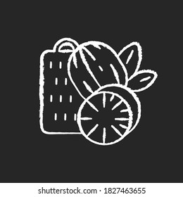 Nutmeg chalk white icon on black background. Nut meg spice. Evergreen tree seeds. Desserts flavoring. Cooking and baking condiment. Organic food. Isolated vector chalkboard illustration