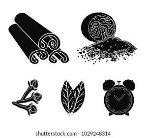 Nutmeg, cinnamon, bay leaves, cloves.Herbs and spices set collection icons in black style vector symbol stock illustration web.