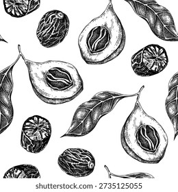 Ilustración vectorial dibujada a mano de nuez moscada. Bocetos de plantas de especias. Patrón sin fisuras de especias vintage para productos de cocina y diseño de envases de alimentos. NO se generó IA