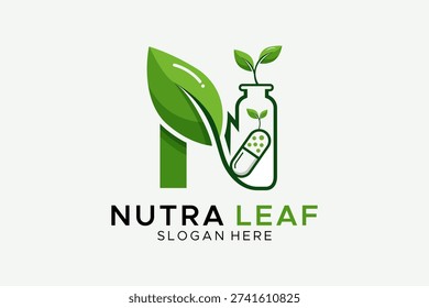 Nutra Leaf Logo Template with Letter N, Green Leaf, Medical Capsule, and Supplement Bottle
