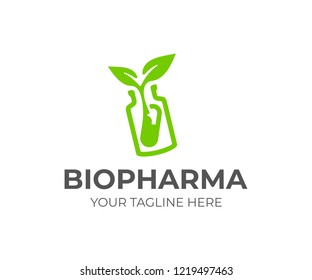 Nutraceuticals logo design. Phytopreparations vector design. Pill bottle with sprout logotype