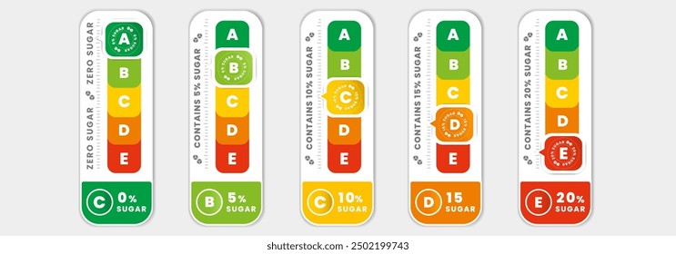 Nutri grade food score emblem sign label vertical infographic 5-colour nutrition indicator from green (grade A) to red (Grade E) design for packaging food and drink product. Vector illustration