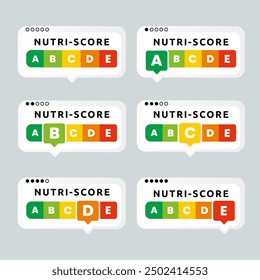 Nutri grade food score emblem sign label horizontal landscape infographic 5-colour nutrition indicator from green (grade A) to red (Grade E) design for packaging food and drink product. Vector