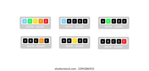 Nutri - Score indicators. Flat, color, indicators A, B, C, D, E Nutri Score. Vector icons