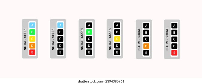 Nutri - Score indicators. Flat, color, vertical indicators A, B, C, D, E Nutri Score. Vector icons