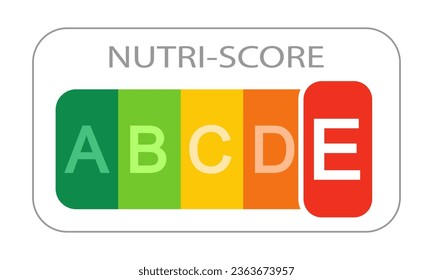 Nutri Score label with detached E classification letter on white background. Nutritional quality of foods code used in Europe products rating system. Vector flat illustration.