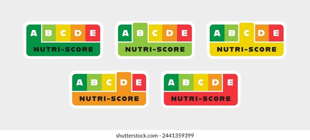 Nutri Score label set with indicator of five color from green to red. Scale system for food rating from grade A to grade E. Vector illustration.