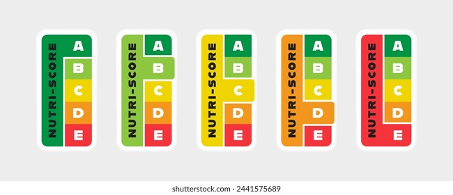 Nutri Score label set with indicator of five color from green to red. Scale system for food rating from grade A to grade E. Vector illustration.