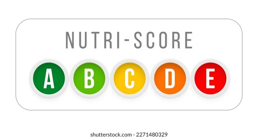 Nutri Score-System für das Gesundheitsetikett Vektorgrafik. Horizontale Aufkleber mit Güteklassen in runden Symbolen für Nährstoffe, offizielle Verpackungsinformationen für natürliche Lebensmittel einzeln auf Weiß.