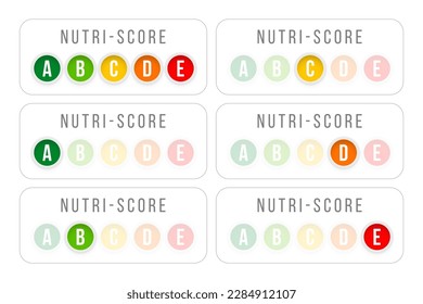 Nutri score system for health care label vector illustration. Cartoon isolated horizontal stickers with grades in round icons for food nutrients, official packaging information for natural food