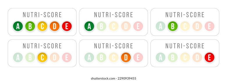 Sistema de puntuación Nutri para la ilustración vectorial de la etiqueta de atención médica. Caricatura aislada pegatinas horizontales con notas en iconos redondos para nutrientes alimentarios, información oficial de envasado para alimentos naturales.