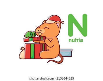 Nutria opens the gift. Cute animal. Vector illustration alphabet