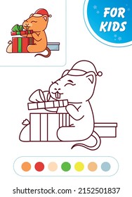 Nutria opens the gift. Cute animal. Vector illustration coloring book for children