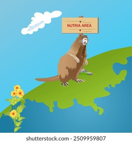 Nutria em pé ao lado de um sinal que diz "Zona Nutria" no fundo do globo terrestre. Ilustração vetorial.