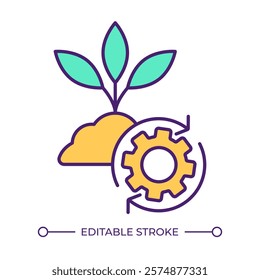 Nutrient cycle in soil RGB color icon. Growing plant, soil and gear symbolizing process. Supporting plant growth. Isolated vector illustration. Simple filled line drawing. Editable stroke