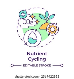 Nutrient cycling multi color concept icon. Ecological balance. Cycle of nutrients between plants, soil, atmosphere. Round shape line illustration. Abstract idea. Graphic design. Easy to use in article