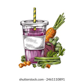 Nutrient-packed purple smoothie in a clear cup vector illustration, complemented by carrots, celery, and beetroot, ideal for a healthy lifestyle promotion.